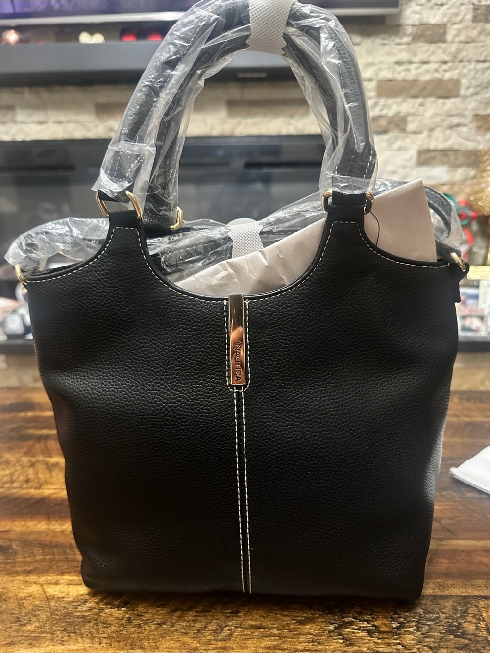 Nautica Black Pebbled Shoulder Bag with White Topstitching and Gold Hardware